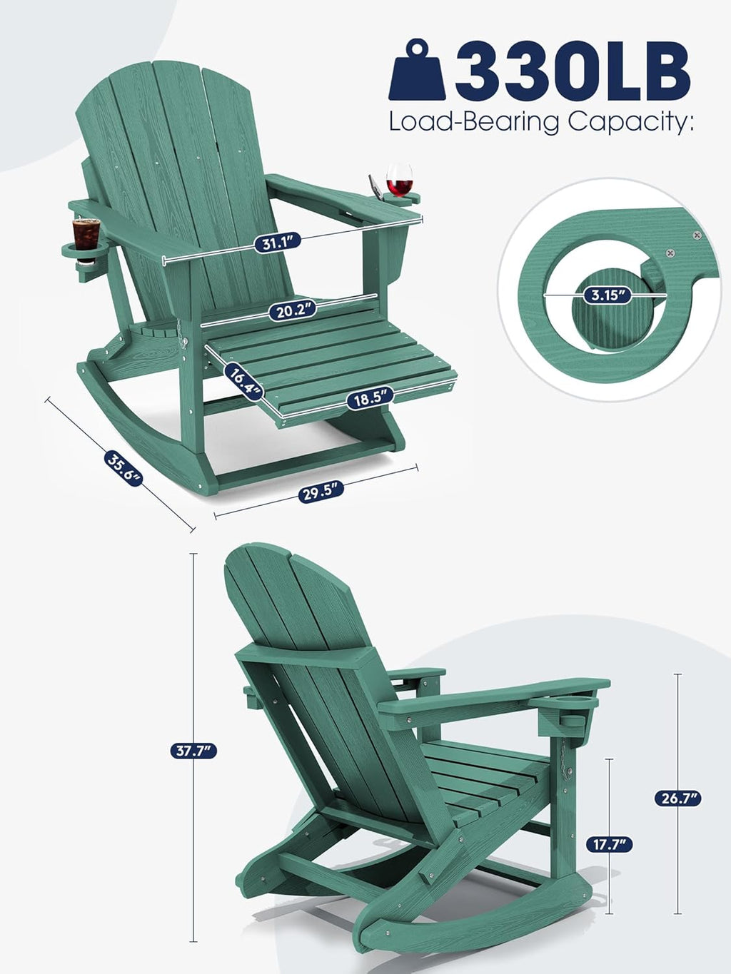 KINGYES Adirondack Rocking Chair with Retractable Ottoman and Cup Holders, HDPE Adirondack Rocker Patio Rocking Chair for Porch, Patio, Balcony, Leaf Green