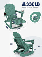 KINGYES Adirondack Rocking Chair with Retractable Ottoman and Cup Holders, HDPE Adirondack Rocker Patio Rocking Chair for Porch, Patio, Balcony, Leaf Green