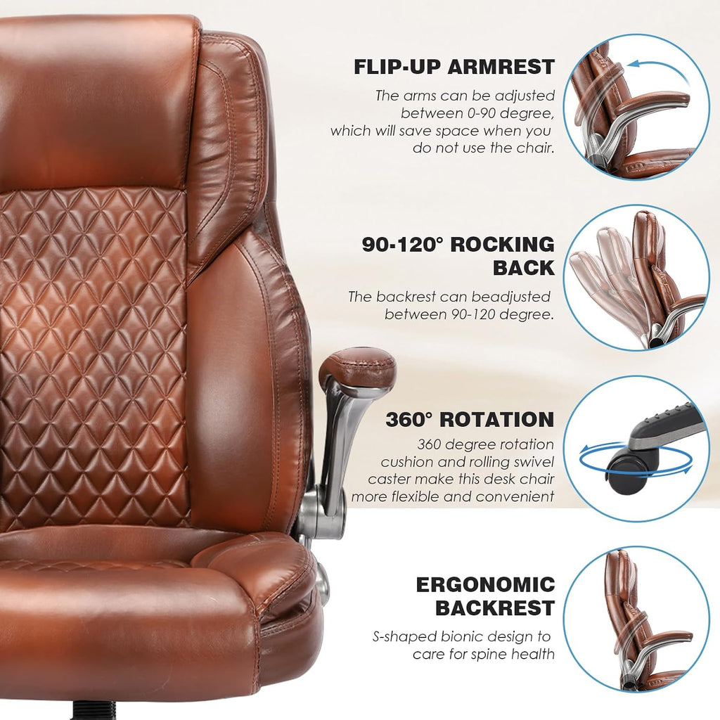 Brown Leather Office Chair with Flip up Arms, High Back Ergonomic Executive Office Chairs with Wheels, 90-120° Rocking Office Desk Chair with Lumbar Support, Swivel Task Chairs