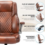 Brown Leather Office Chair with Flip up Arms, High Back Ergonomic Executive Office Chairs with Wheels, 90-120° Rocking Office Desk Chair with Lumbar Support, Swivel Task Chairs