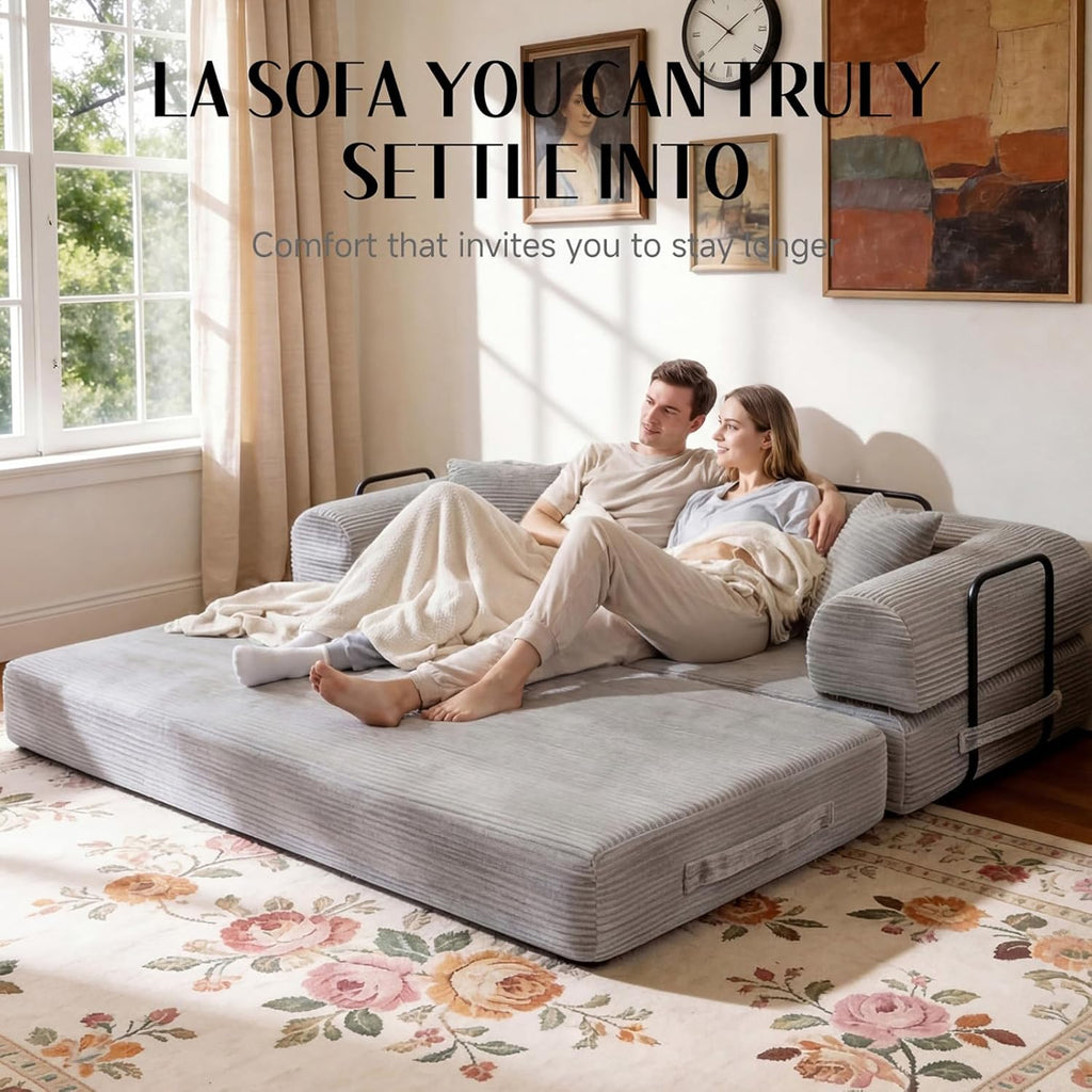79'' Convertible Sofa Bed, Boneless Couch-in-a-Box, Corduroy Floor Futon Loveseat Sleeper, 26'' Deep Seat, Removable Machine-Wash Covers, No Assembly, 2 Pillows, Light Grey