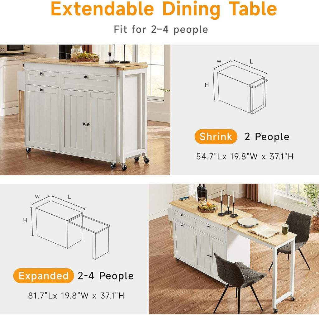 ONBRILL Kitchen Islands with Extendable Dining Table, 81.7" Mobile Kitchen Storage Islands, Rolling Kitchen Cart with Trash Cabinet, Power Outlet, Spice Rack & Towel Rack, White