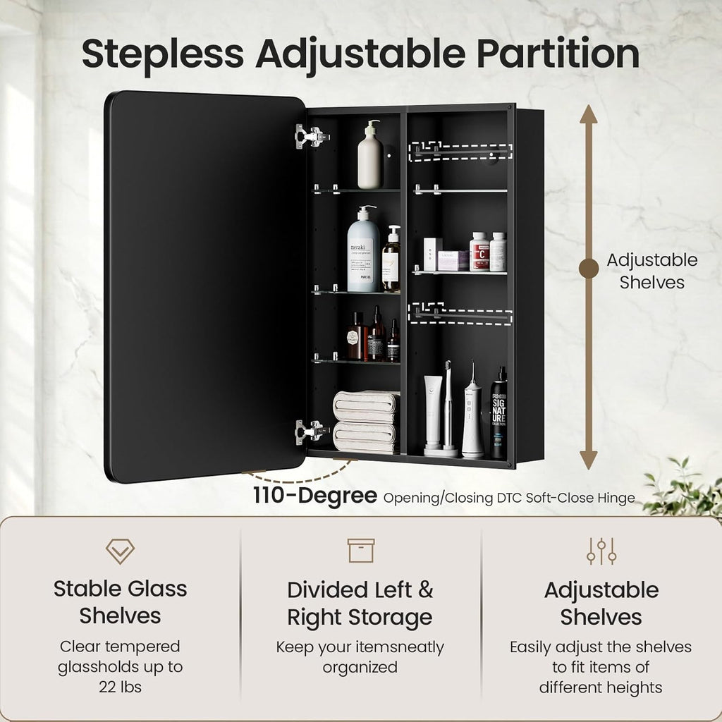 16x24 Medicine Cabinet with Mirror, Aluminum Bathroom Wall Organizer, Pre-Assembled, Center Partition for Tall Bottles, 6 Adjustable Shelves, Soft-Close, Recessed/Surface Mount, Matte Black