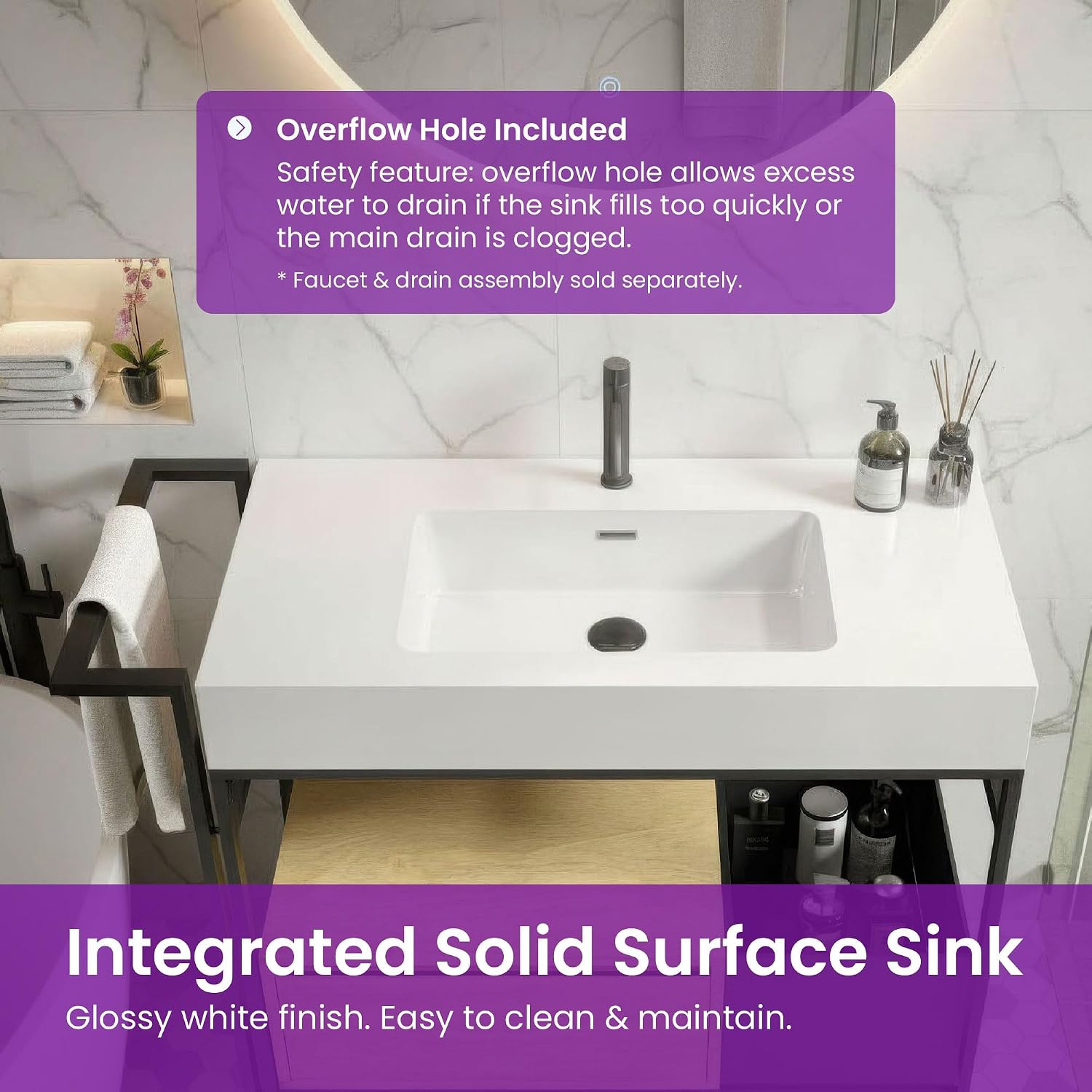 36" Bathroom Console Sink with Metal Legs, Bathroom Vanity with White Sink, Storage Drawer and Metal Basket, Utility Sink for Hotel, Laundry Room, Garage, Basement
