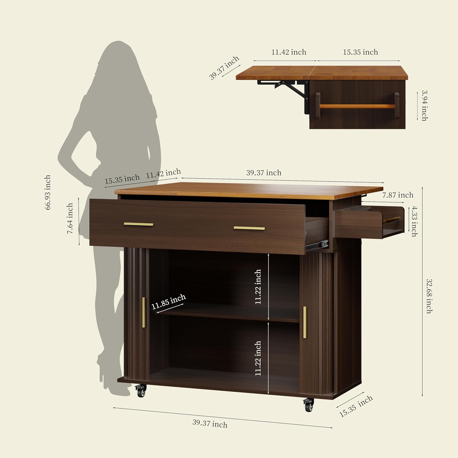 DHH Rolling Kitchen Island with Drop Leaf Countertop&Ample Storage - 39.4" Small Mobile Kitchen Cart On Wheels with Sliding Door,Drawers,Spice Rack & 2-Tier Storage (Dark Walnut)