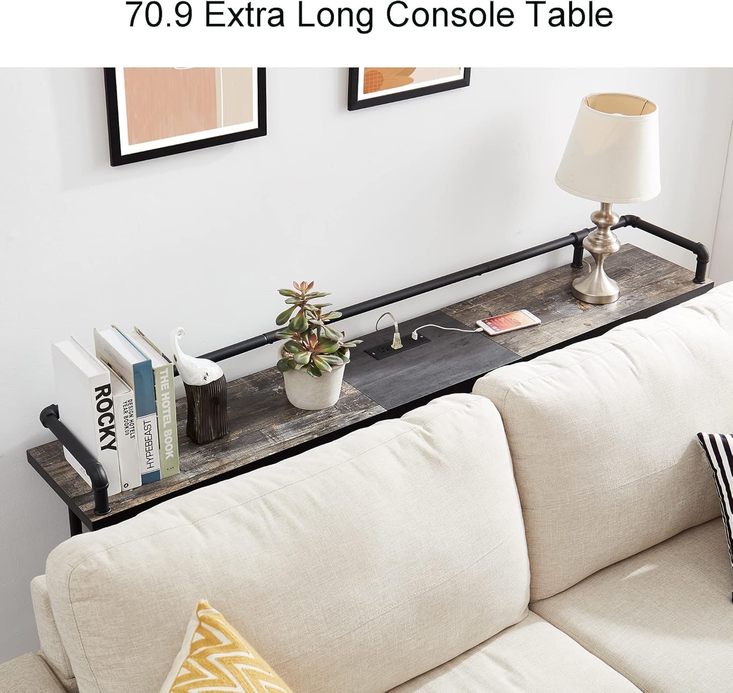 VECELO Narrow Sofa Table with Outlets & USB Ports, Industrial-Style Behind-Couch Table for Entryway, Hallway, Living Room, Bedroom, 55 Inch, Grey Oak