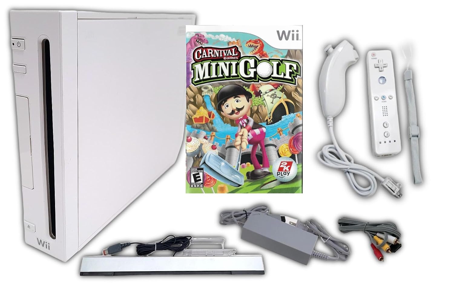 Wii Nintendo Console Bundle + Carnival Games Mini Golf Game Disc | White RVL-001 System Also Compatible w/Gamecube Games | Includes 1x Remote Controller, Nunchuck, Sensor Bar, Cables & AC Adapter (Renewed)