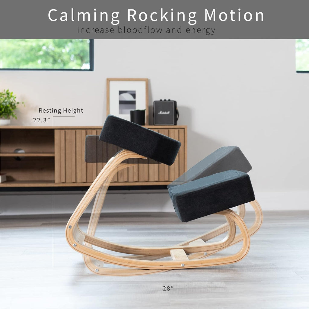 VIVO Wooden Rocking Kneeling Chair, Ergonomic Home Office Stool Posture Seat, Thick Black Cushions, Light Wood Frame, CHAIR-K04R