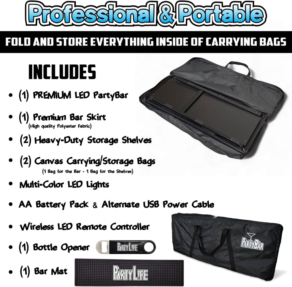 PartyLife Custom Premium Portable Bar Table w/LED Lights, Wireless Remote, Folding Legs, Black Fabric Bar Skirt, 2 Storage Shelves & 2 Carrying Bags | Commercial Grade | Strong & Sturdy