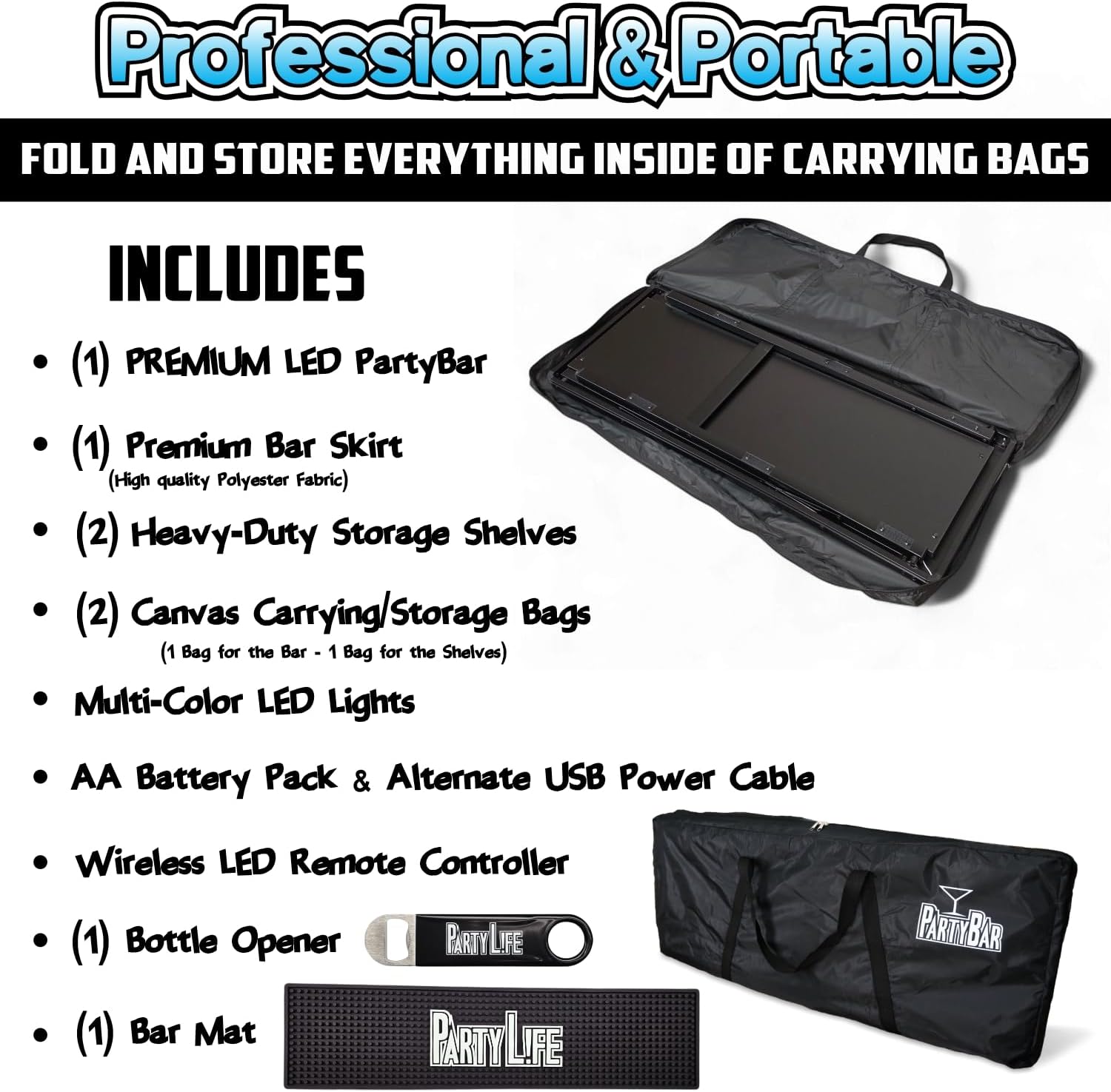 PartyLife Custom Premium Portable Bar Table w/LED Lights, Wireless Remote, Folding Legs, Black Fabric Bar Skirt, 2 Storage Shelves & 2 Carrying Bags | Commercial Grade | Strong & Sturdy