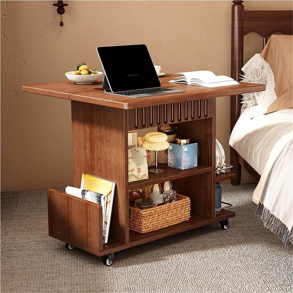 Wooden Side Table with Wheels, Large Capacity Storage End Table, 3 Tier Rolling Cart, Small Couch Table Suitable for Balcony, Living Room and Bedroom