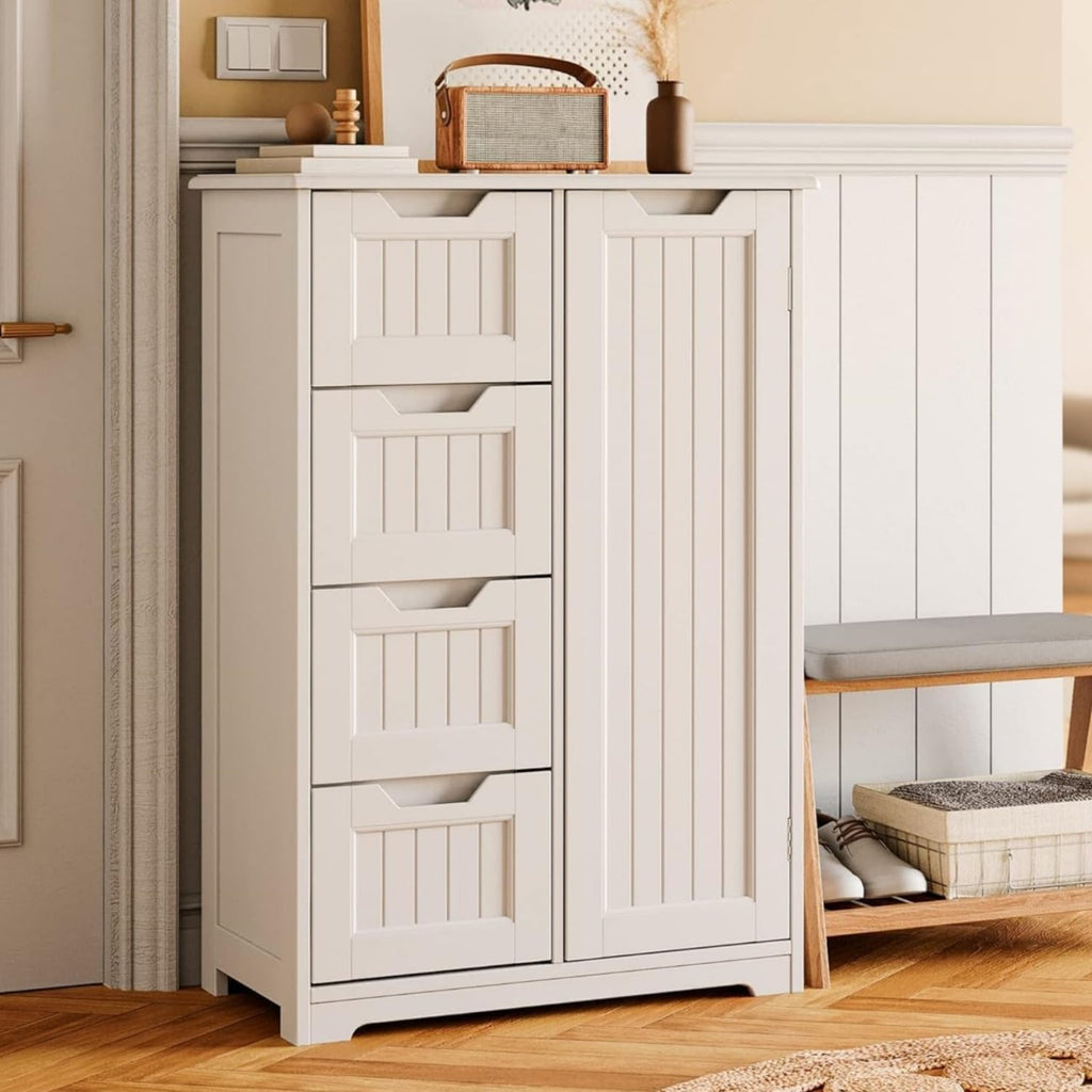 Gizoon Small Pantry Storage Cabinet with Door and Shelves, 33'' Kitchen Pantry Freestanding Wooden Bathroom Storage Cabinet with 4 Drawers for Kitchen and Dining Room, White, Painted