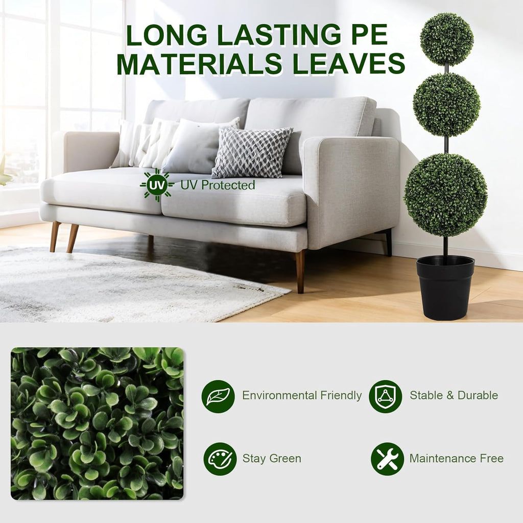 VIVATREES 3FT UV-Resistant Artificial Triple Ball Boxwood Topiary Set of 2, All-Weather Outdoor & Indoor Decor for Garden, Porch, Entryway