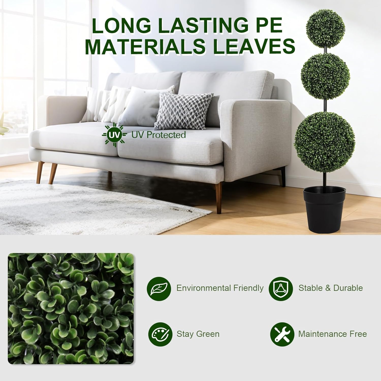 VIVATREES 3FT UV-Resistant Artificial Triple Ball Boxwood Topiary Set of 2, All-Weather Outdoor & Indoor Decor for Garden, Porch, Entryway