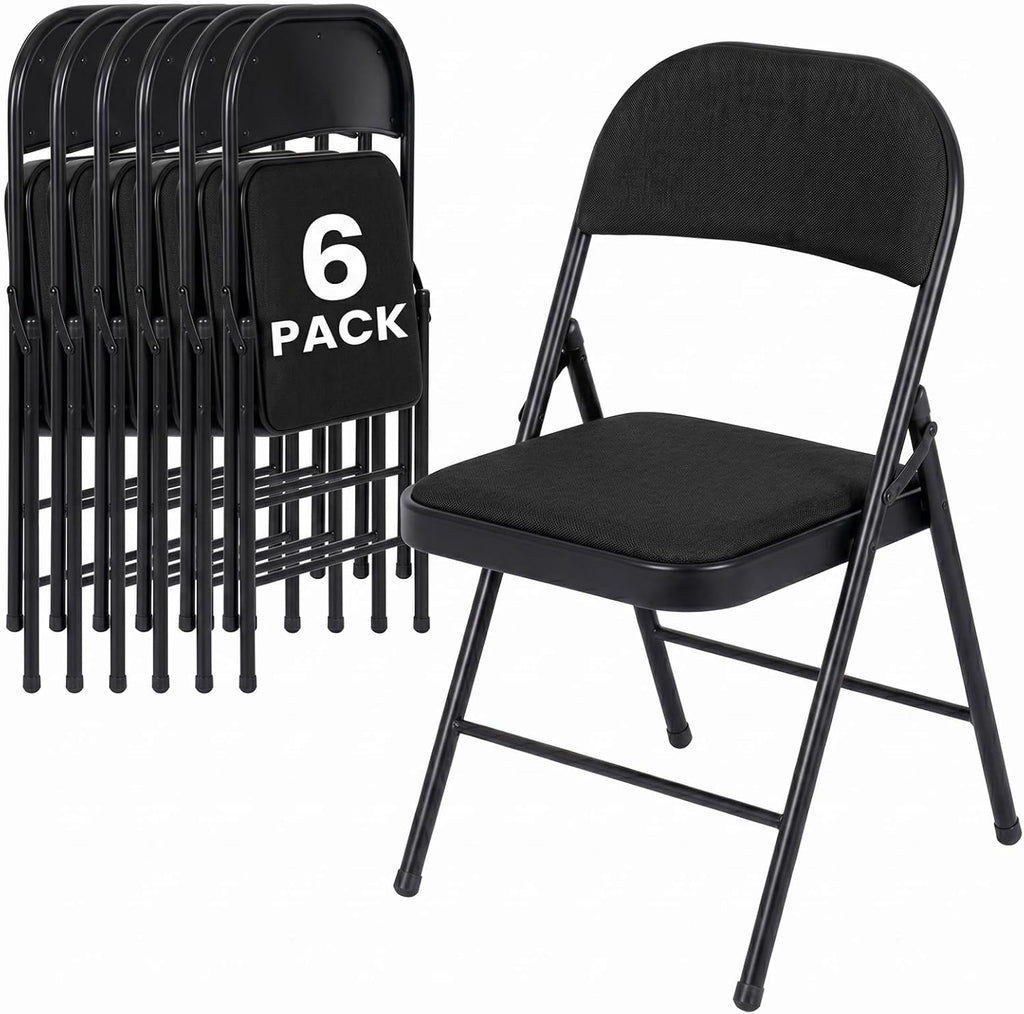 6 Pack Folding Chairs, Fabric Dining Chair Set with Padded Cushion and Back, Indoor Outdoor Seat for Home Office, Parties, Events, Wedding, Extra Guest Seating, Obsidian Black