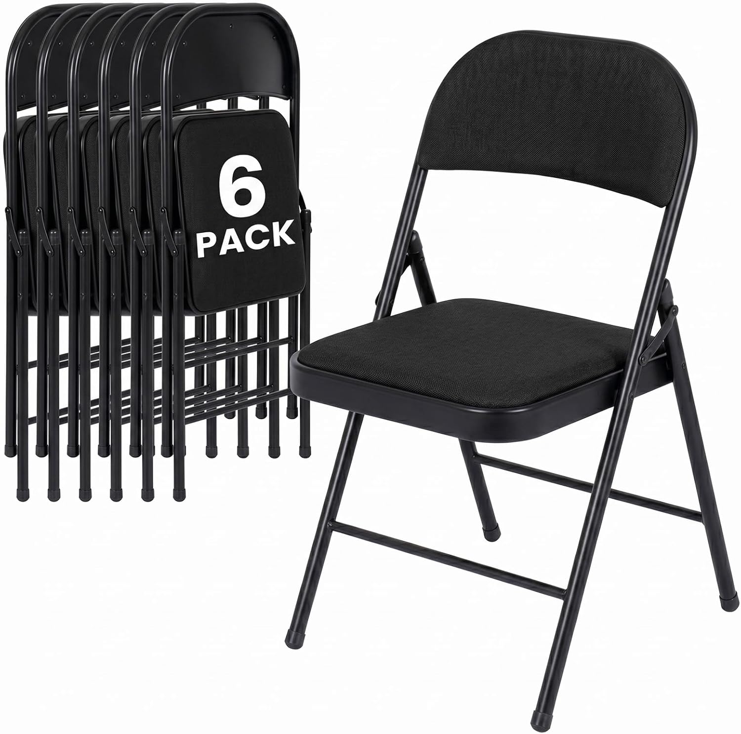 6 Pack Folding Chairs, Fabric Dining Chair Set with Padded Cushion and Back, Indoor Outdoor Seat for Home Office, Parties, Events, Wedding, Extra Guest Seating, Obsidian Black