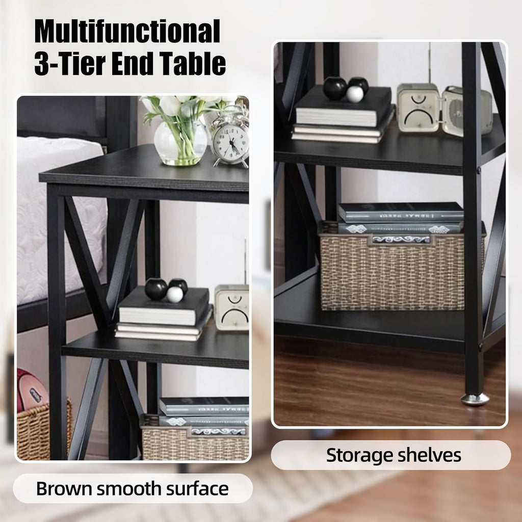 TooCust Square End Table with Storage Shelf, 16" D X 16" W X 24" H, 3-Tier End Table Living Room, Black Metal End Tables, X-Shaped Night Stand for Bedroom, Farmhouse Wood End Tables Black