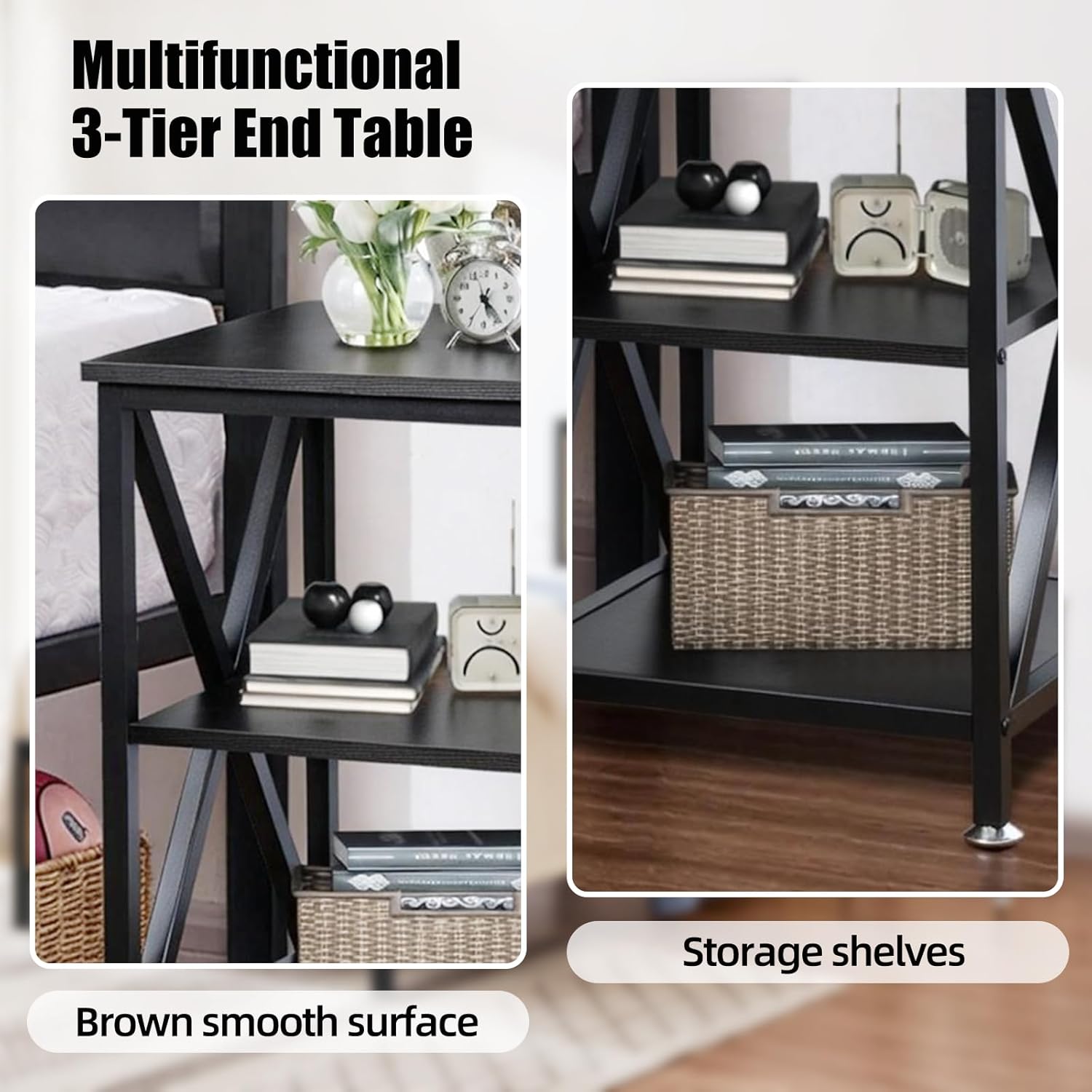 TooCust Square End Table with Storage Shelf, 16" D X 16" W X 24" H, 3-Tier End Table Living Room, Black Metal End Tables, X-Shaped Night Stand for Bedroom, Farmhouse Wood End Tables Black