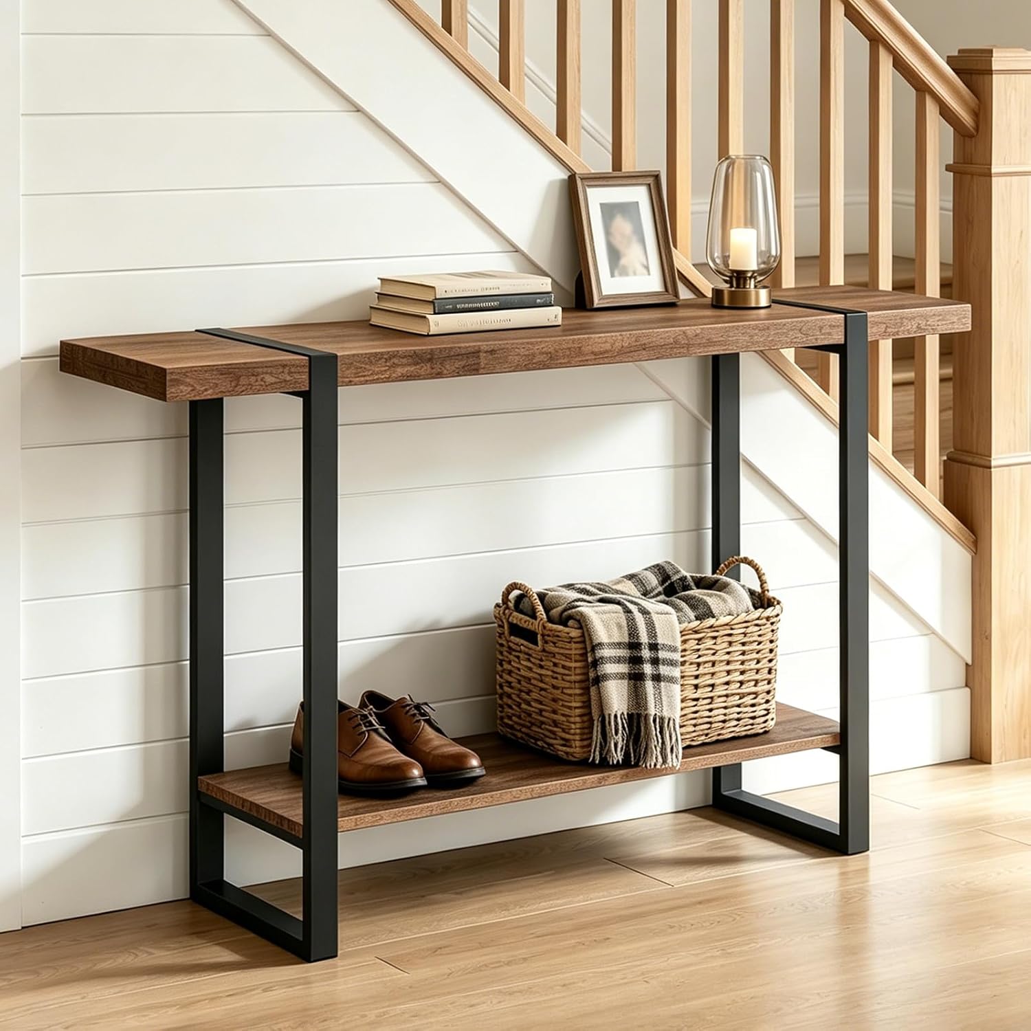 Narrow Console Table, 1.8" Thick Solid Wood Entryway Table for Small Spaces, Heavy Duty 2-Tier Sofa Table, Industrial Metal Frame Hallway, Accent Table for Entrance, Living Room
