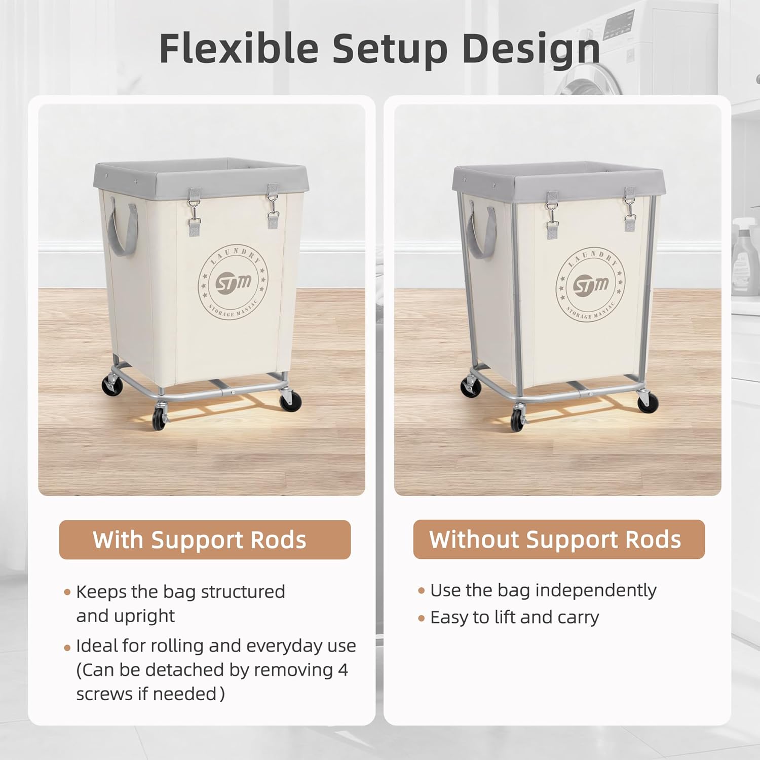 STORAGE MANIAC Commercial Laundry Hamper with Heavy Duty Steel Frame, 160 L Industrial Laundry Basket Cart with Wheels for Hotel, Home, Laundry Room, 18''L x 18''W x 31''H, Medium Beige