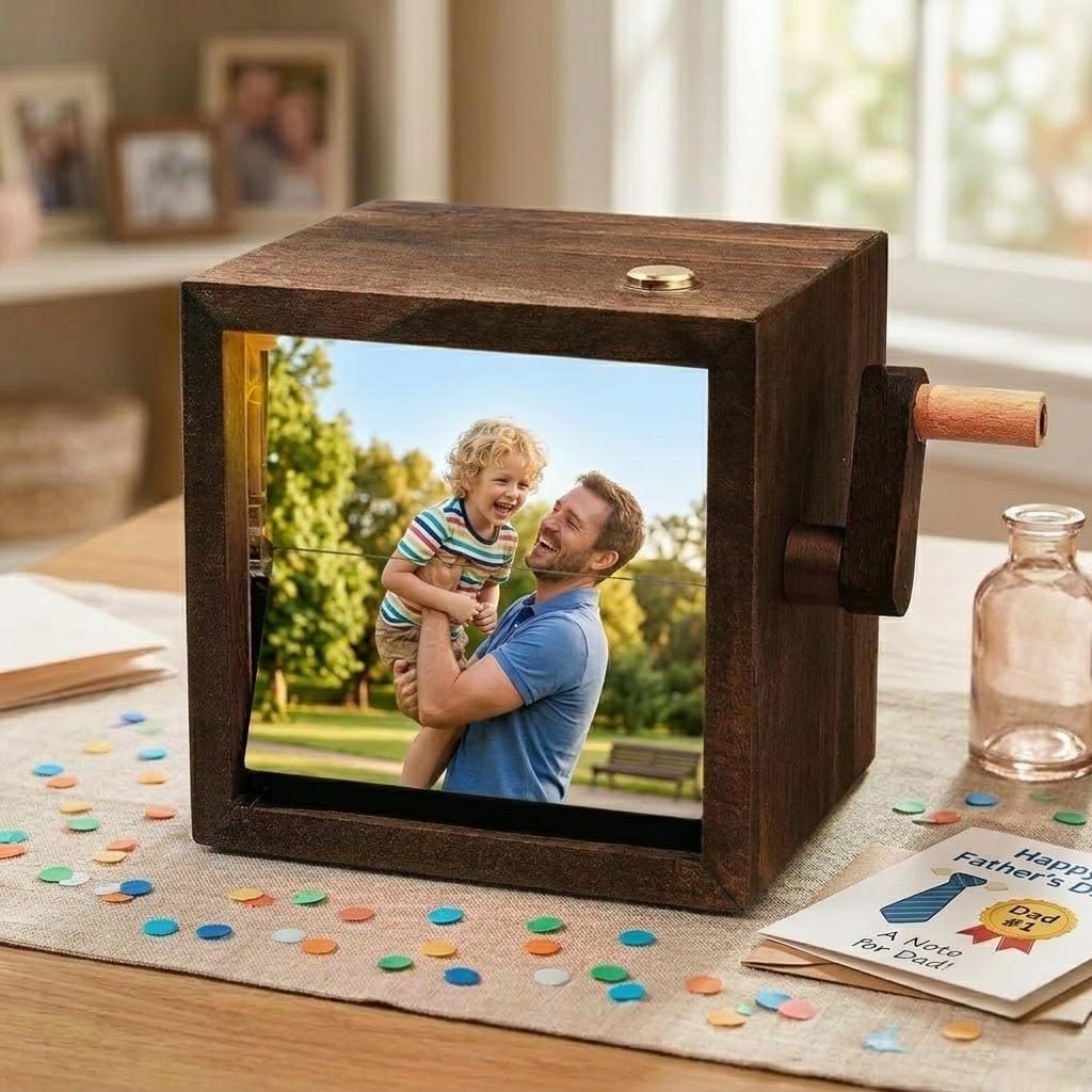 Custom Flip Photo Book, Personalized 8 or 16 Photo Flip Box Frame Animation Machine, Custom Hand-crank Flipbook Box Album with Light, Music, Gifts for Father’s Day Birthday