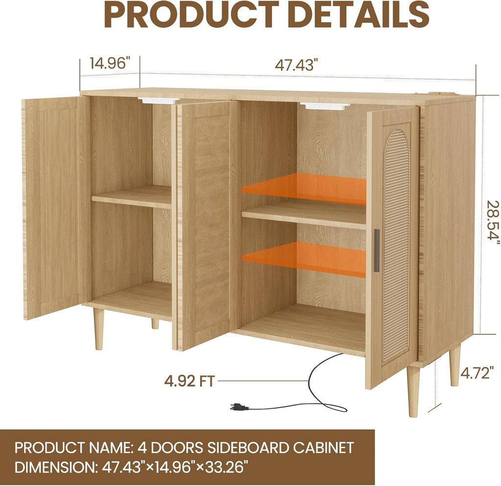 Patikuin Rattan Sideboard Buffet Cabinet, Boho Accent Storage Cabinet, 4 Doors Console Table Coffee Bar with Power Outlet, Adjustable Shelves for Kitchen, Dining Room, Hallway, Living Room