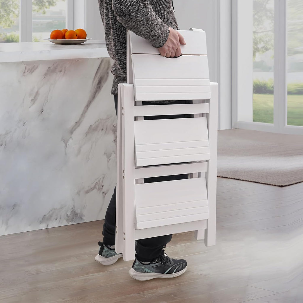 Folding Step Stool 3-Step Chair Ladder Multi-Functional Folding Solid Wood Ladder Stool Portable Wooden Step Stool for Household Kitchen and Office 220.46lbs, White