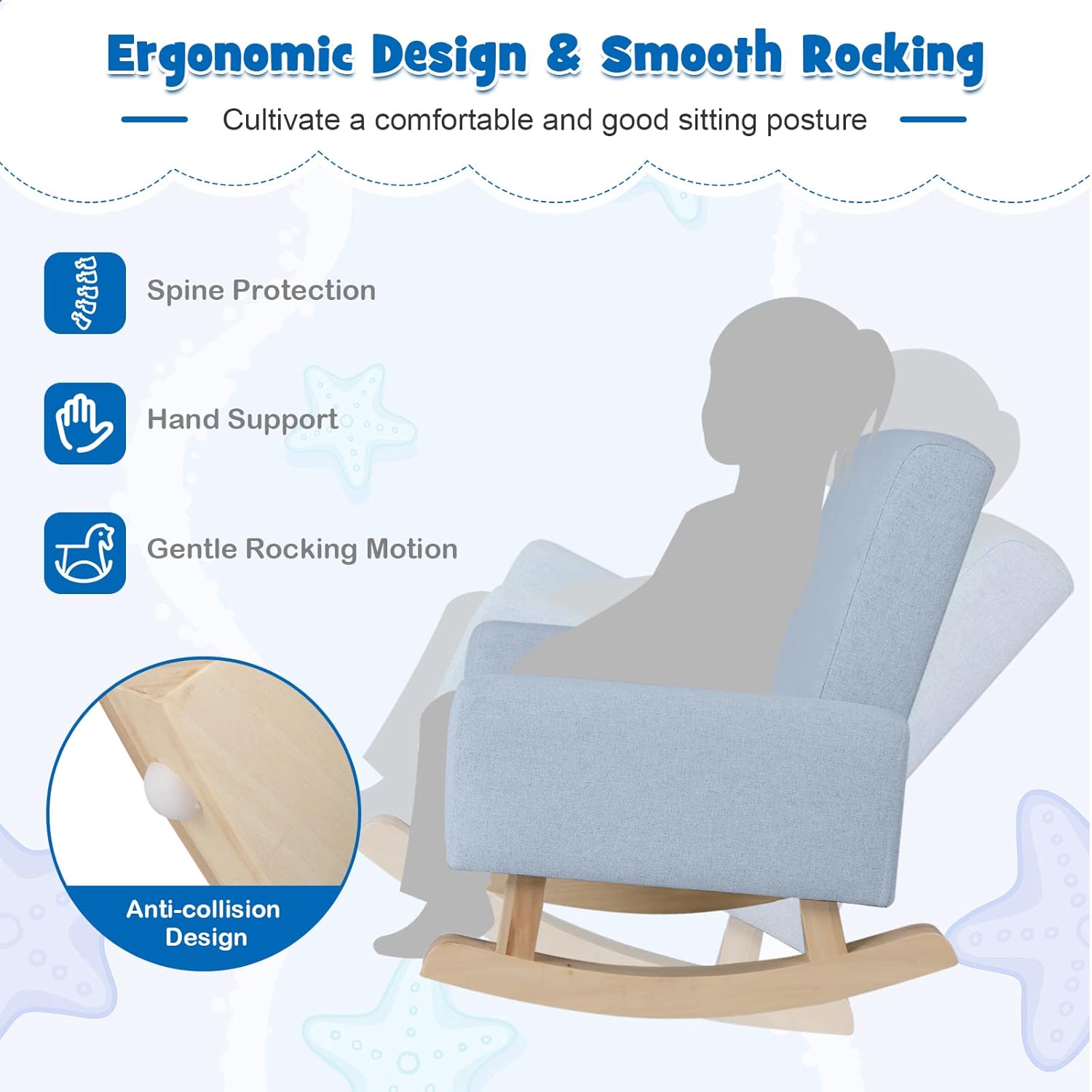 Costzon Kids Sofa, Toddler Rocking Chair with Solid Wood Frame, Linen Fabric, Anti-Tipping Design, Children Furniture Armchair for Kids Room, Nursery, Playroom, Preschool, Gift for Boys Girls (Blue)