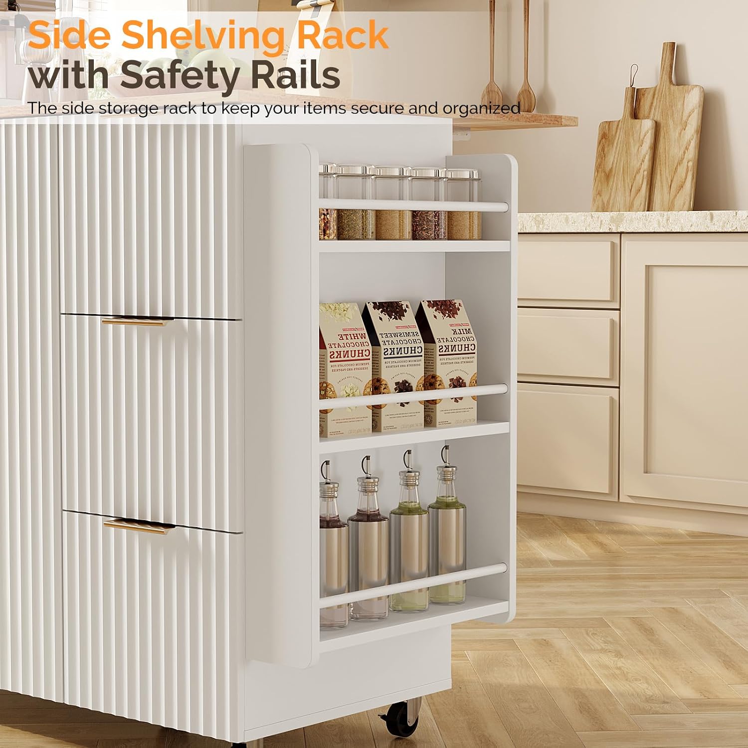 VINGLI Fluted Kitchen Cart with 3 Draws and 2 Doors, White | Drop-leaf Tabletop, Adjuestable Shelves, Towel Bar, 3-tier Side Storage Rack, 360° Rolling Design