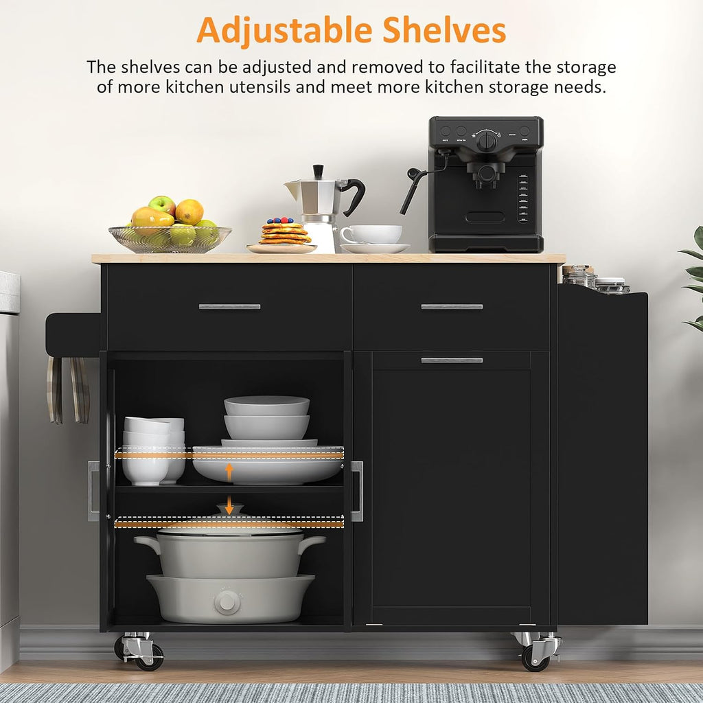 Bigbiglife Kitchen Island with Storage, 50.8" Rolling Kitchen Island Cart with Drop Leaf & Storage - Mobile Kitchen Organizer with Wheels, Rubberwood Top, Trash Can Cabinet & Towel Rack, Black
