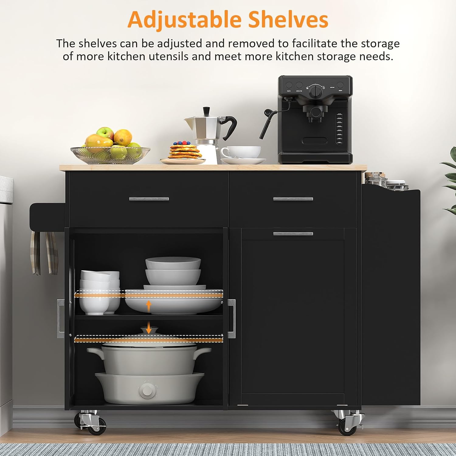 Bigbiglife Kitchen Island with Storage, 50.8" Rolling Kitchen Island Cart with Drop Leaf & Storage - Mobile Kitchen Organizer with Wheels, Rubberwood Top, Trash Can Cabinet & Towel Rack, Black