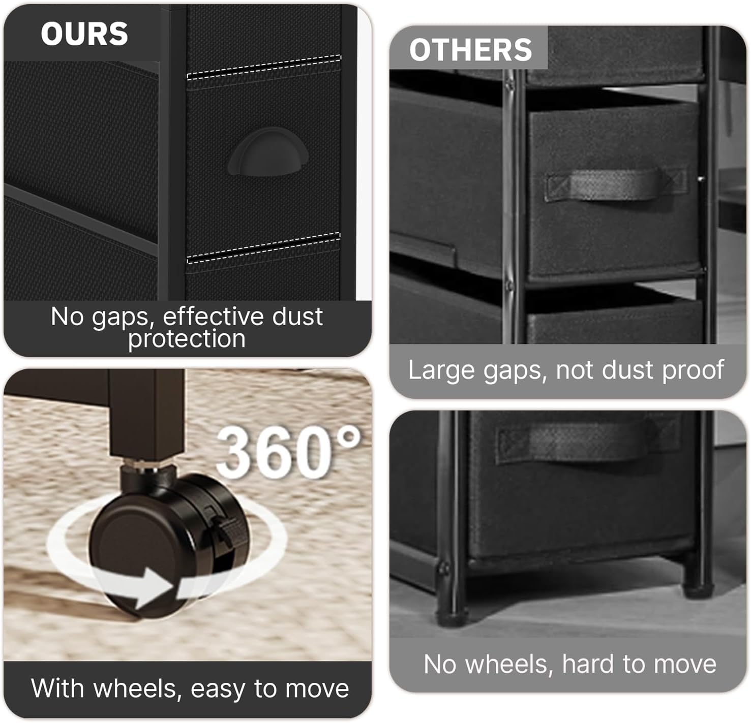 Oppro 3 Drawer Narrow Dresser Side End Table Small Spaces, Slim Nightstand Bedside Sofa Table with Wheels, Space Saving Skinny Thin Couch Desk with Storage Bag for Bedroom Living Room Bathroom,Black