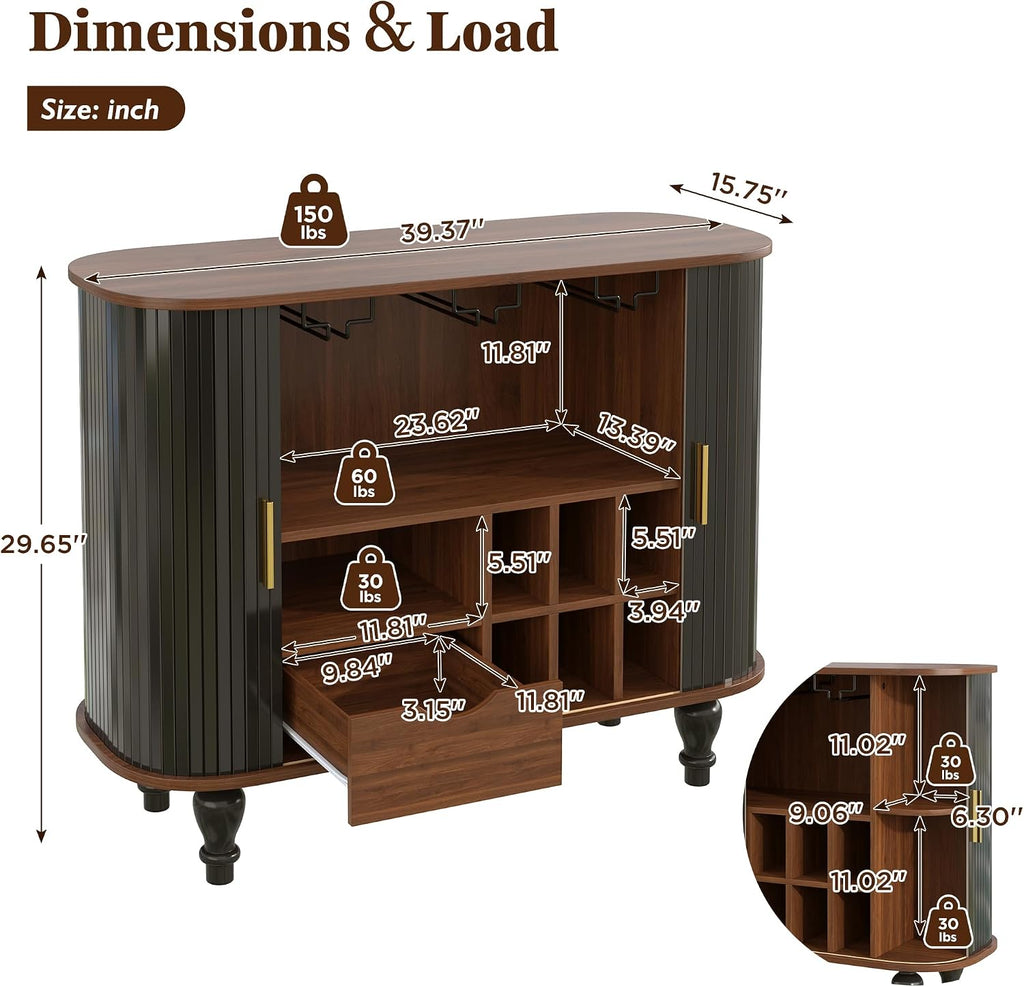 LUMISOL 39" Mid-Century Modern Fluted Wine Bar Cabinet, Wine and Coffee Bar Cabinet with 6-Bottle Wine Rack and 3 Glass Holders, Large Storage Drawer and Side Hidden Storage, Black