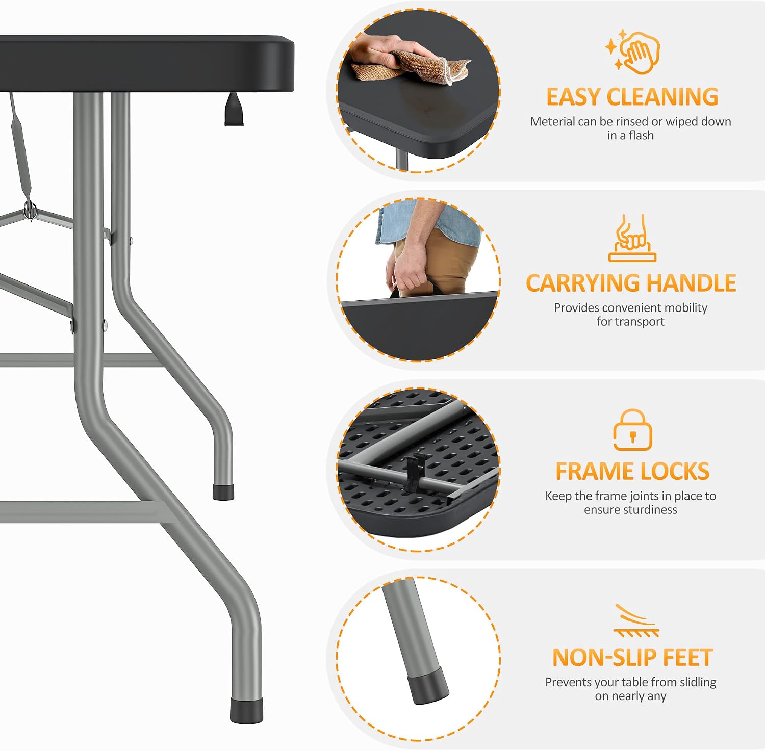 8ft Folding Table - Portable Foldable Table, Picnic Table with Carrying Handle & Safety Locks, Durable Black Folding Table for Parties, Events, Weddings Picnic, Camping, Dining Indoor Outdoor Use
