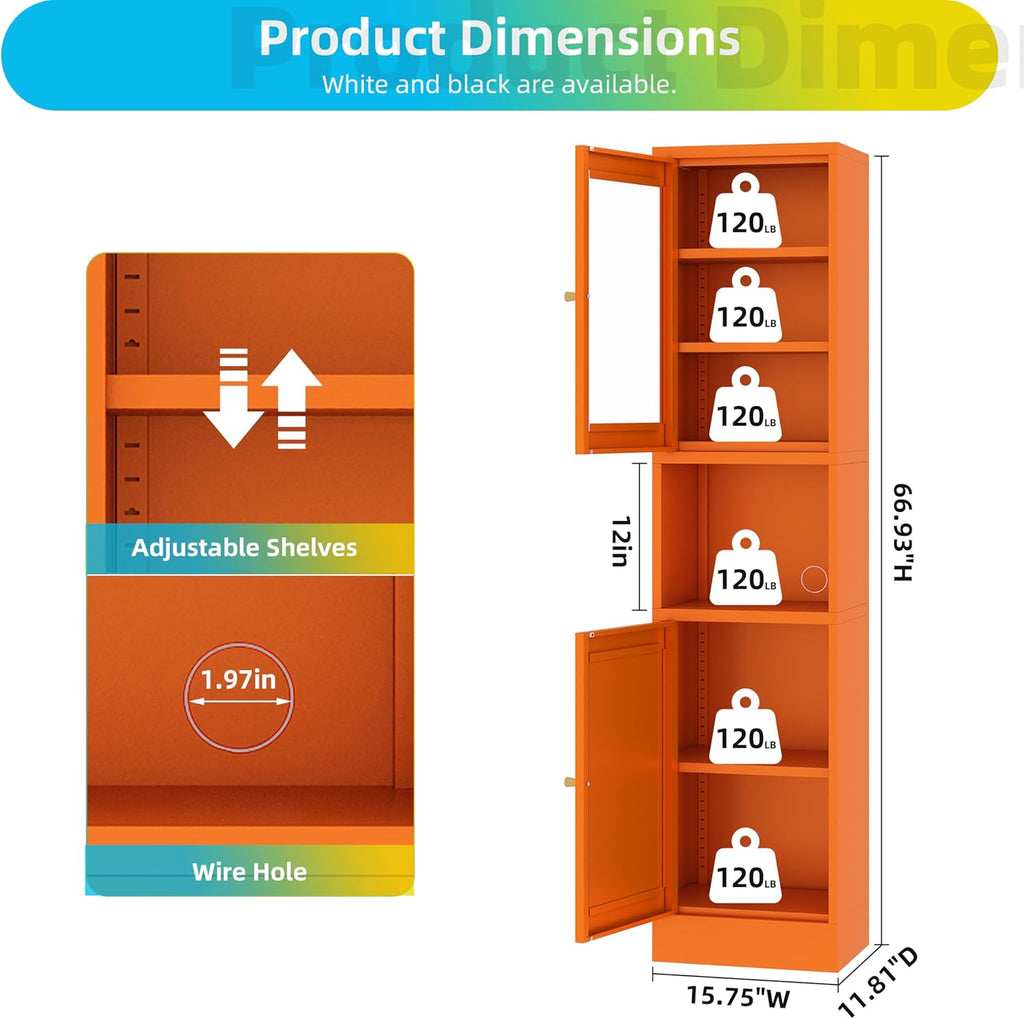 67" Tall Metal Pantry Cabinet with Microwave Stand,Microwave Storage Cabinet with 2 Doors & 3 Adjustable Shelves for Kitchen (2 Glass Doors-Orange, 11.81" D x 15.75" W x 66.93" H)