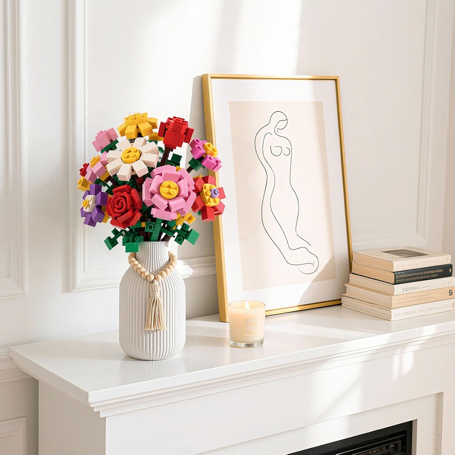 JOHOUSE White Ceramic Vase, 7.9 Inch Boho Ribbed Vase with Wooden Beads Tassel for Pampas Grass, Wedding Centerpiece, Coffee Table, Bedroom & Apartment, Neutral Farmhouse Decor