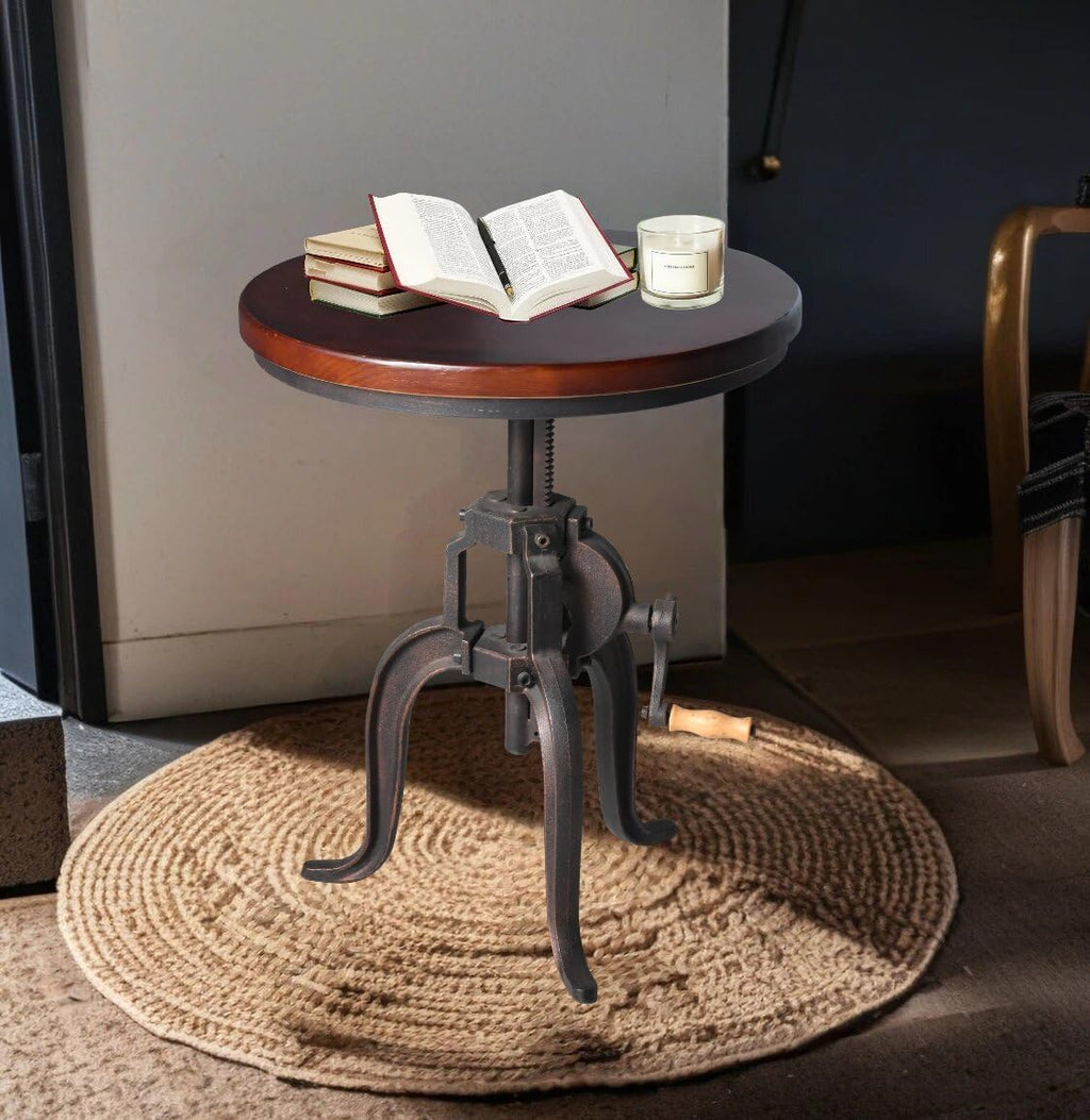 Topower Industrial Retro Side Table Antique Mechanic Crank Height Ajustable Black Walnut Wood Top Three-Legged Farmhouse Accent End Table Copper