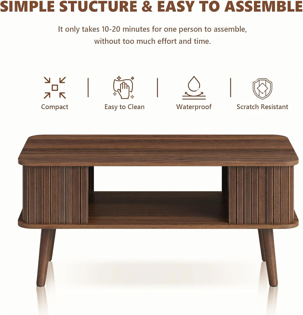 LAZZO Coffee Table with Storage Center Table for Living Room Rectangle Coffee Table with Rounded Edges,Easy Assembly, Walnut