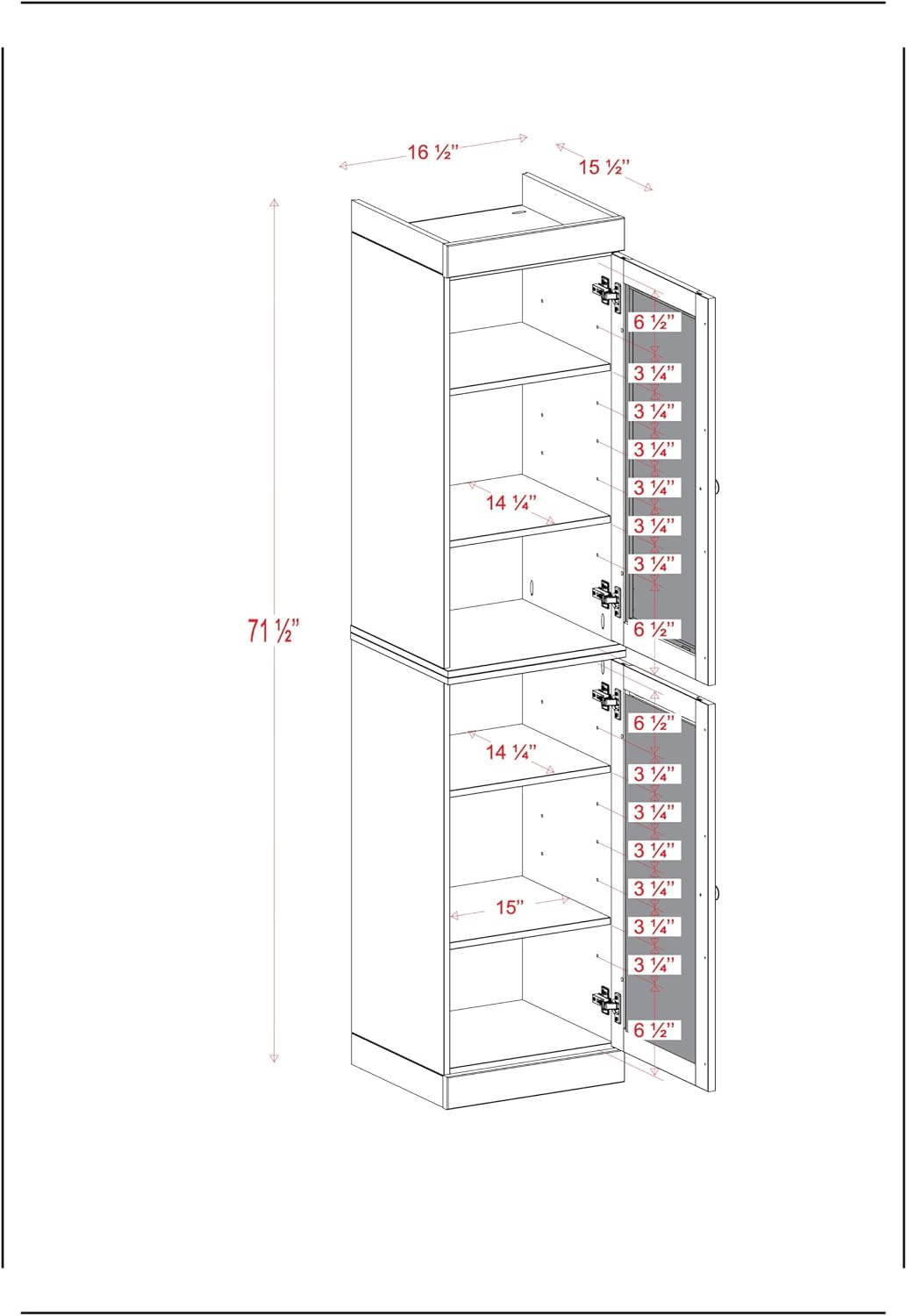Palace Imports Solid Wood Kitchen Pantry Cabinet w/Frosted Glass Doors - Narrow Storage Cabinet - 16.5" Wide x 71.5" Tall - White, Adjustable Shelves, 100% Eco-Friendly Wood, Modular Cabinets