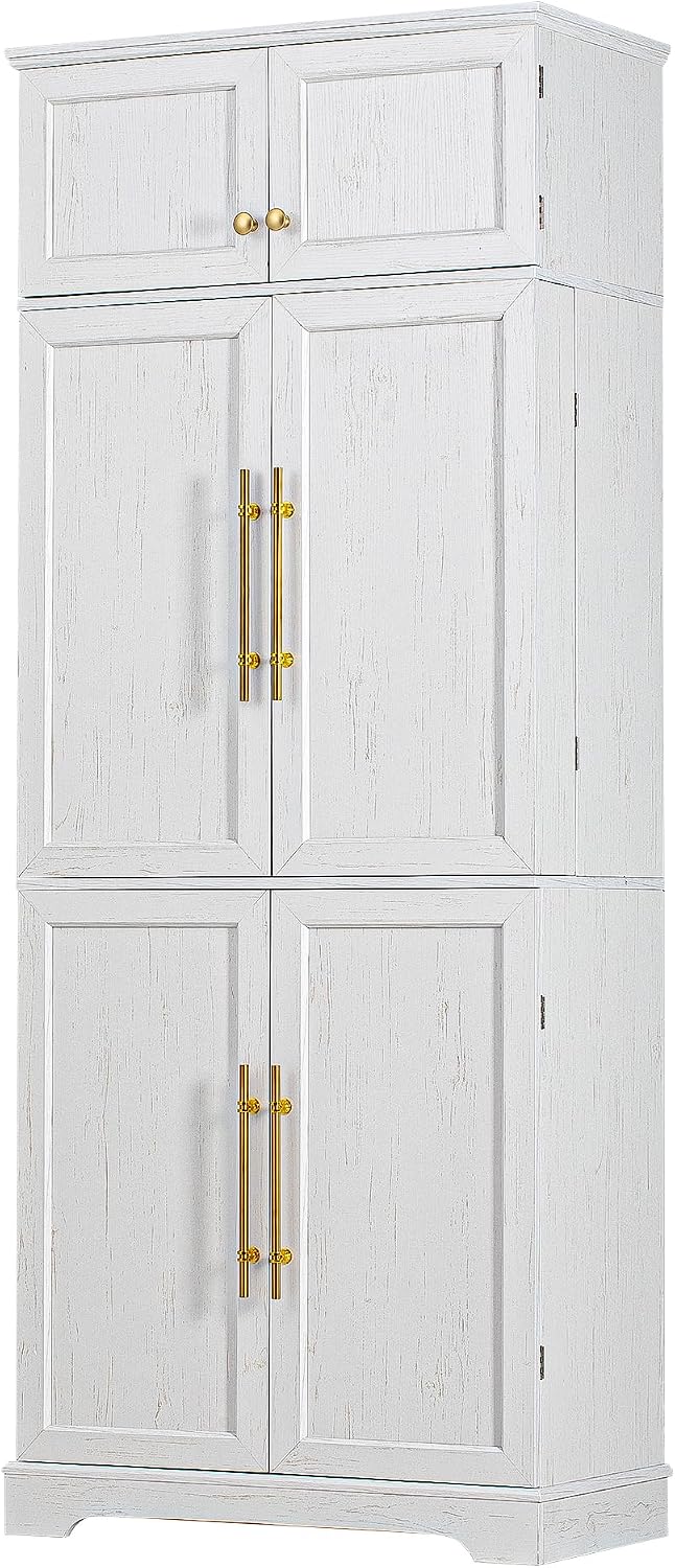 78.2" Tall Farmhouse Kitchen Pantry Cabinet with 8 Door Shelves,Storage Cupboard with 4 Adjustable Shelves,Hidden Drawer,Wine Rack,for Dining & Bathroom (White-G)