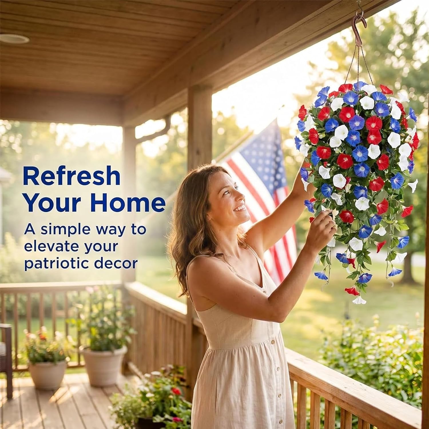 Red White and Blue Hanging Flowers, Patriotic Hanging Flower Baskets,Resistant Faux Silk Flowers, for Porch, Yard, Veterans Memorial Day Patio Home