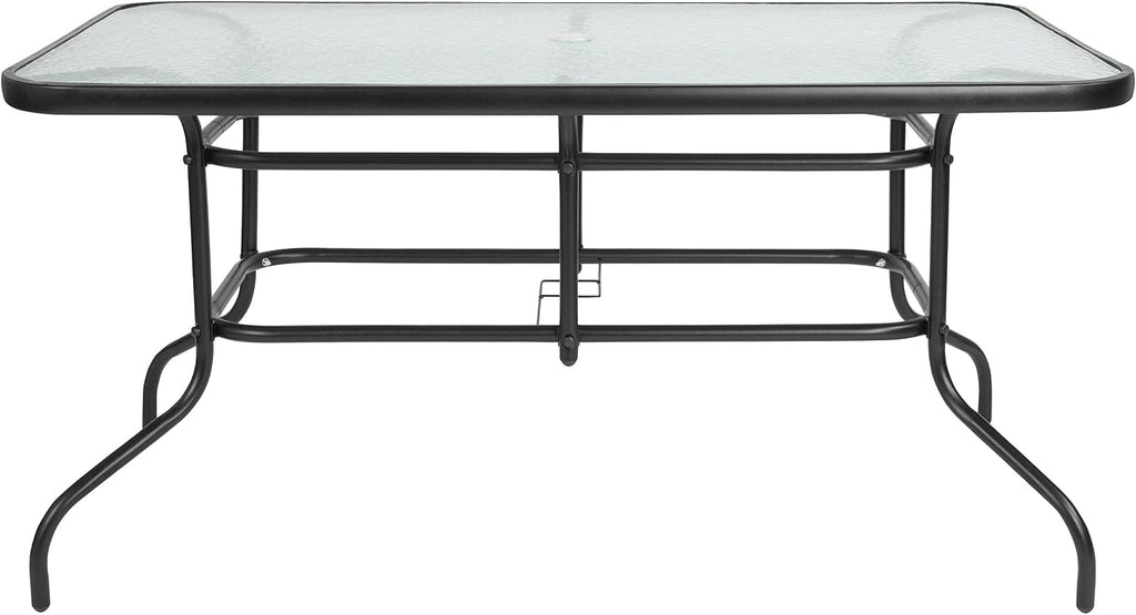 Flash Furniture Tory 31.5" x 55" Rectangular Tempered Glass Metal Patio Table with Umbrella Hole, Modern Rippled Glass Outdoor Dining Table, Black