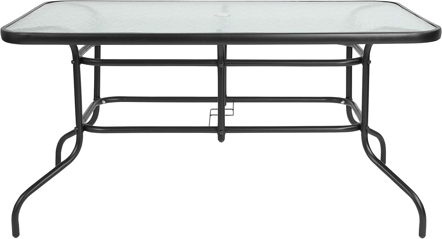 Flash Furniture Tory 31.5" x 55" Rectangular Tempered Glass Metal Patio Table with Umbrella Hole, Modern Rippled Glass Outdoor Dining Table, Black