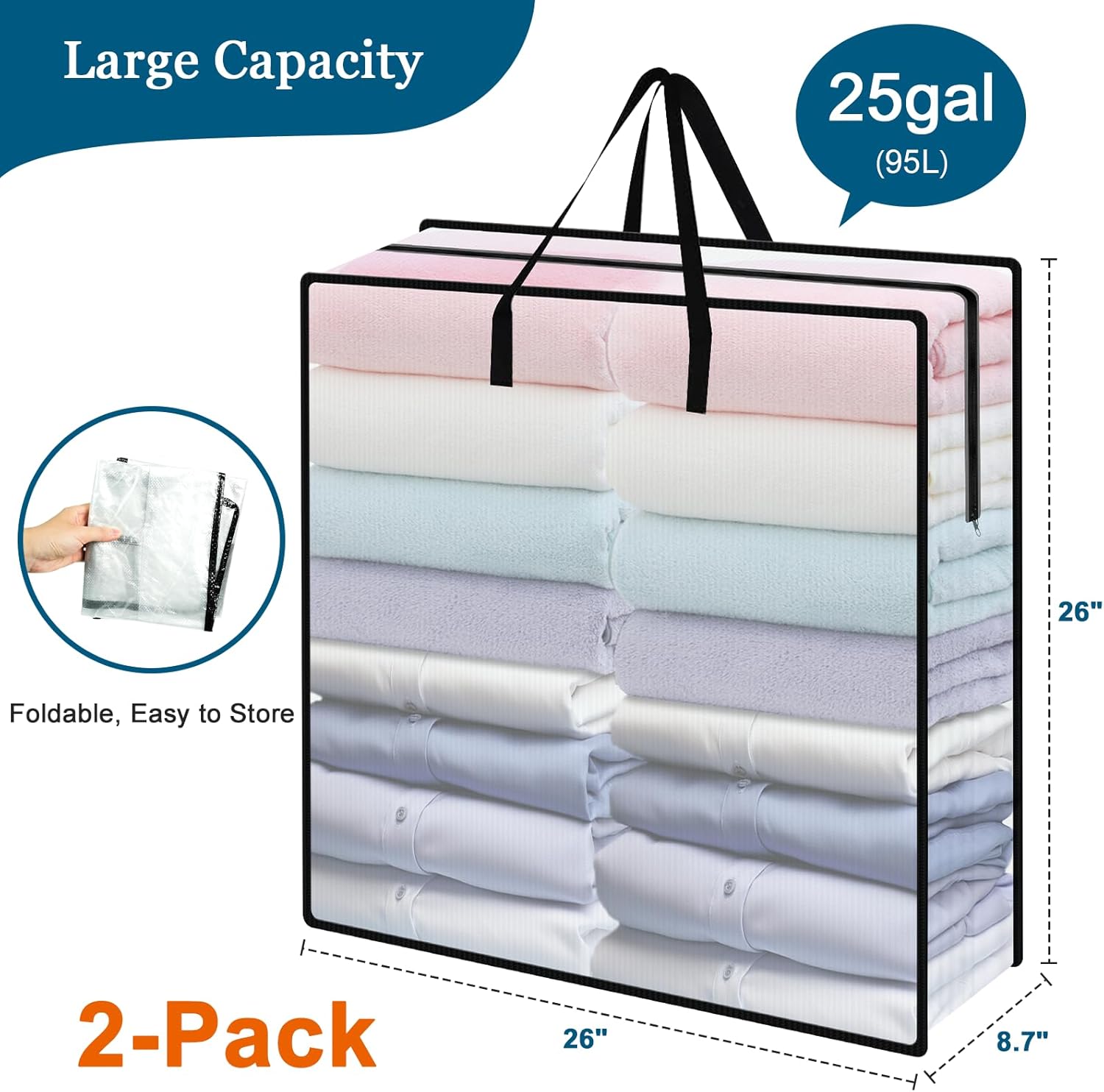 95L Under Bed Storage Bag, 2-Pack Clothes Storage Bags with Zippers and Handles, Clear Moving Bags for Quilt Pillow Blanket Bedding Storage or Wreath Closet Organizer Home Storage