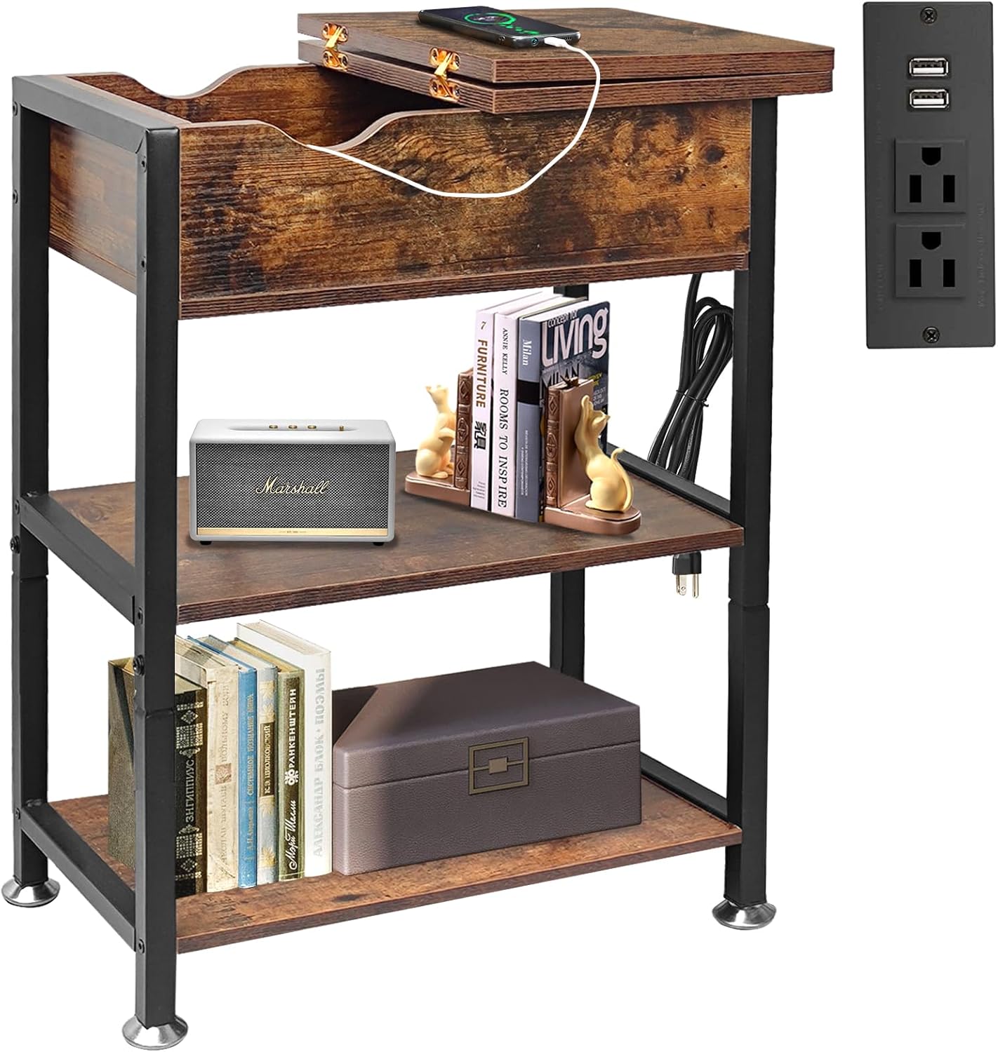 TooCust Flip Top End Table with Hidden Charging Station - 12" D×21" W×26" H Small Side Tables with Storage & Shelves, Compact Side Table for Small Spaces, Slim End Table with Charging Station, Brown