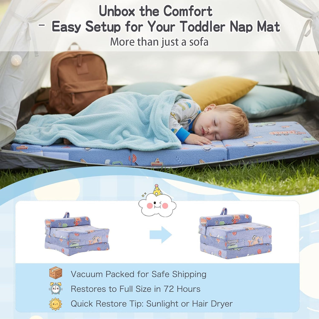 Tiita Foldable Floor Mattress for Kids-Glow in The Dark Toddler Nap Mat with Storage Bag, Portable Toddler Floor Nap for Travel, Daycare, Camping, RV, Playroom, Vehicles