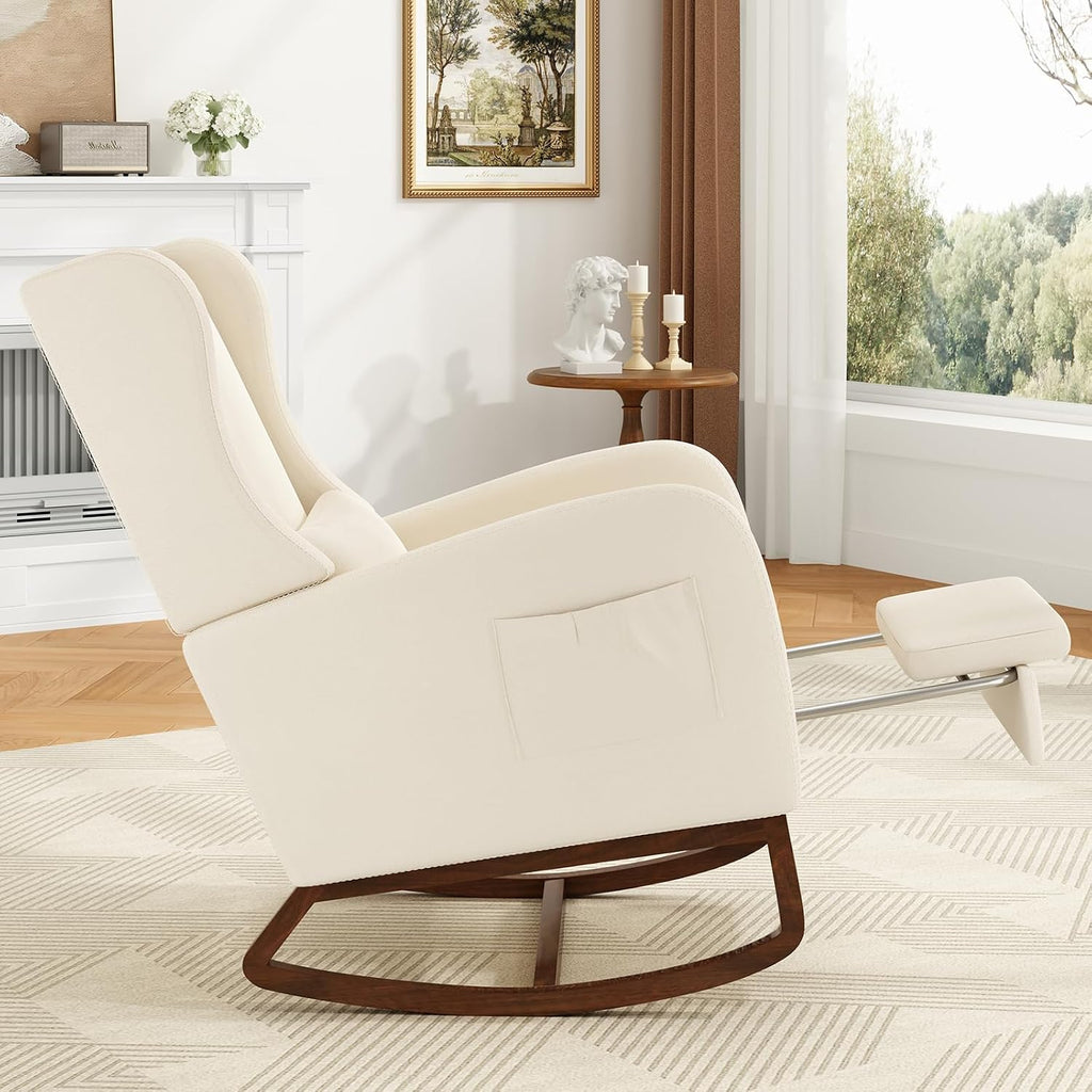 Nursery Rocking Chair with Footrest, Glider Rocking Nursing Chair Indoor, Upholstered Accent Nursery Glider Chair Rubber Wood Legs for Baby Nurser, Bedroom, Living Room, Cream