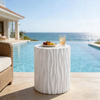 ø15.75'' Faux Stone Round Side Table Circle End Table for Living Room, Modern Unique Wavy Fluted Design, MGO Material for Indoor & Outdoor, No Assembly, White