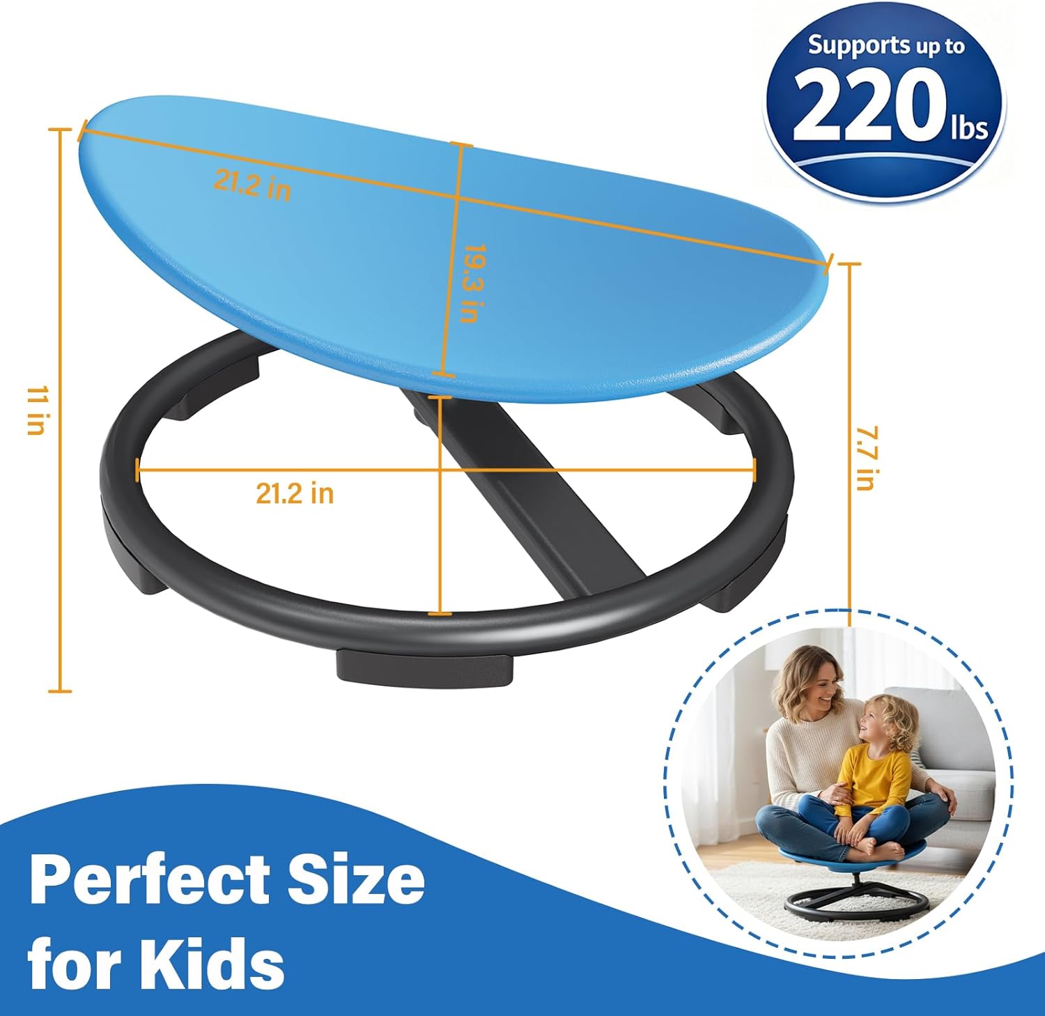 Spinning Chair for Autistic Kids, Sensory Swivel Chair with 360° Rotation, 220LBS Capacity, Non-Slip Base, Sit and Spin Toy for Children with ADHD, Balance and Coordination (Blue)