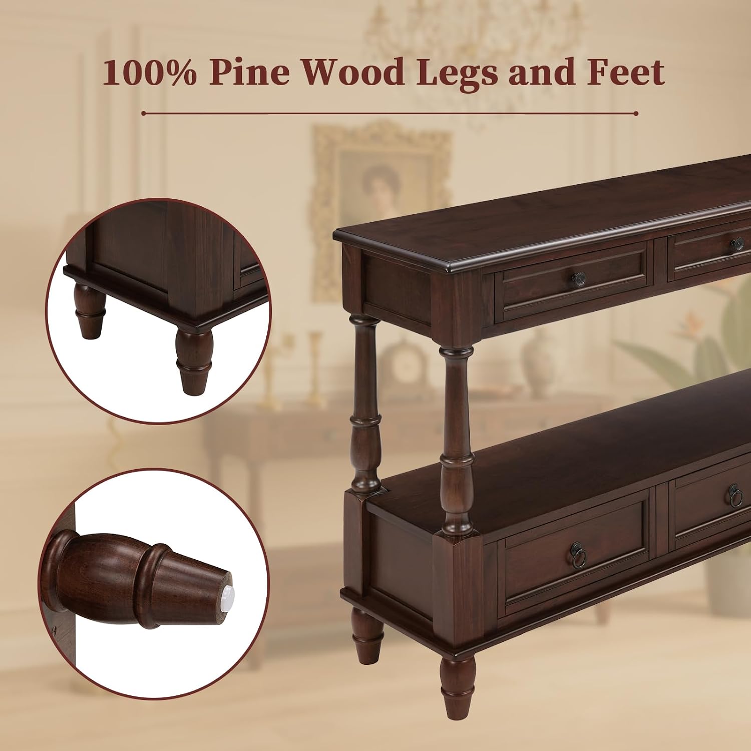 Vintage Solid Wood Console Table with 6 Drawers - 54" Hallway Sofa Table with Bottom Shelf for Entrance, Living Room & Foyer, Espresso